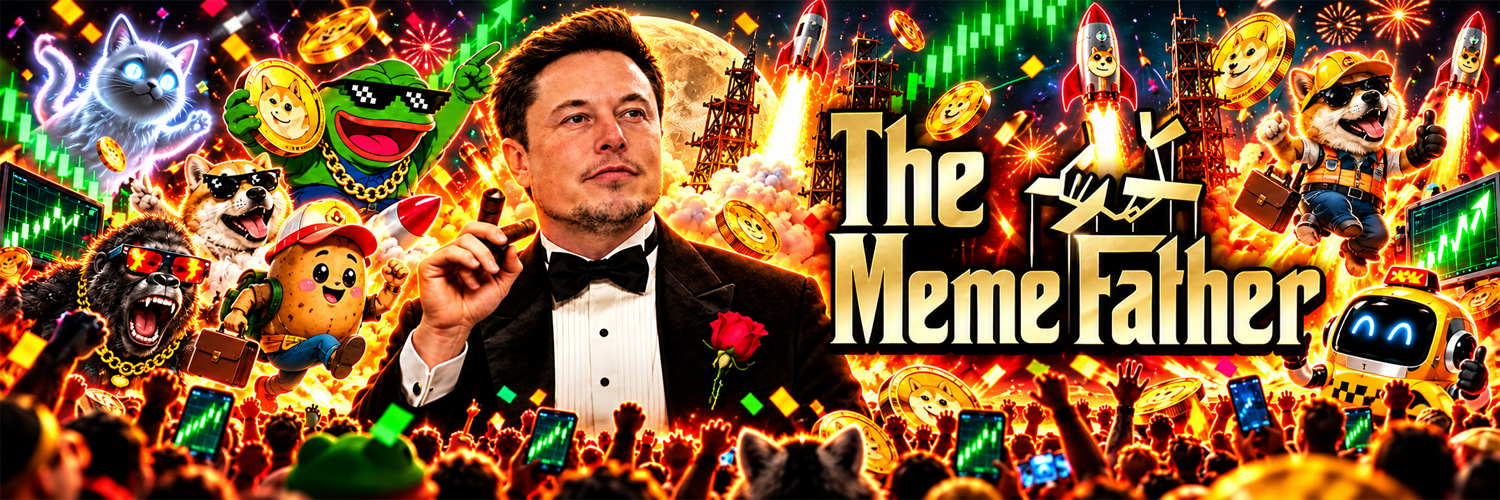 The MemeFather banner: a black-tie figure with a cigar, surrounded by meme characters, gold, and rockets
