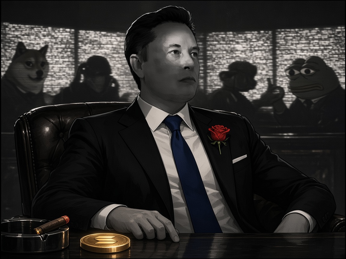 The MemeFather seated at a dark table with a Solana coin, Doge and Pepe in the static behind him