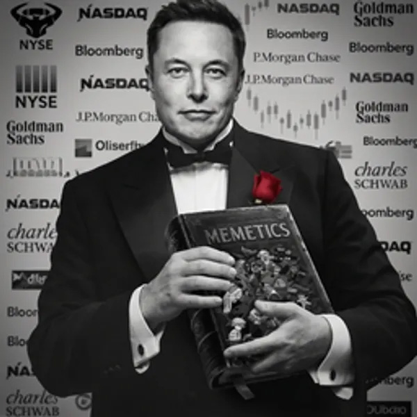 The MemeFather holding gold strings, green charts and fire behind him